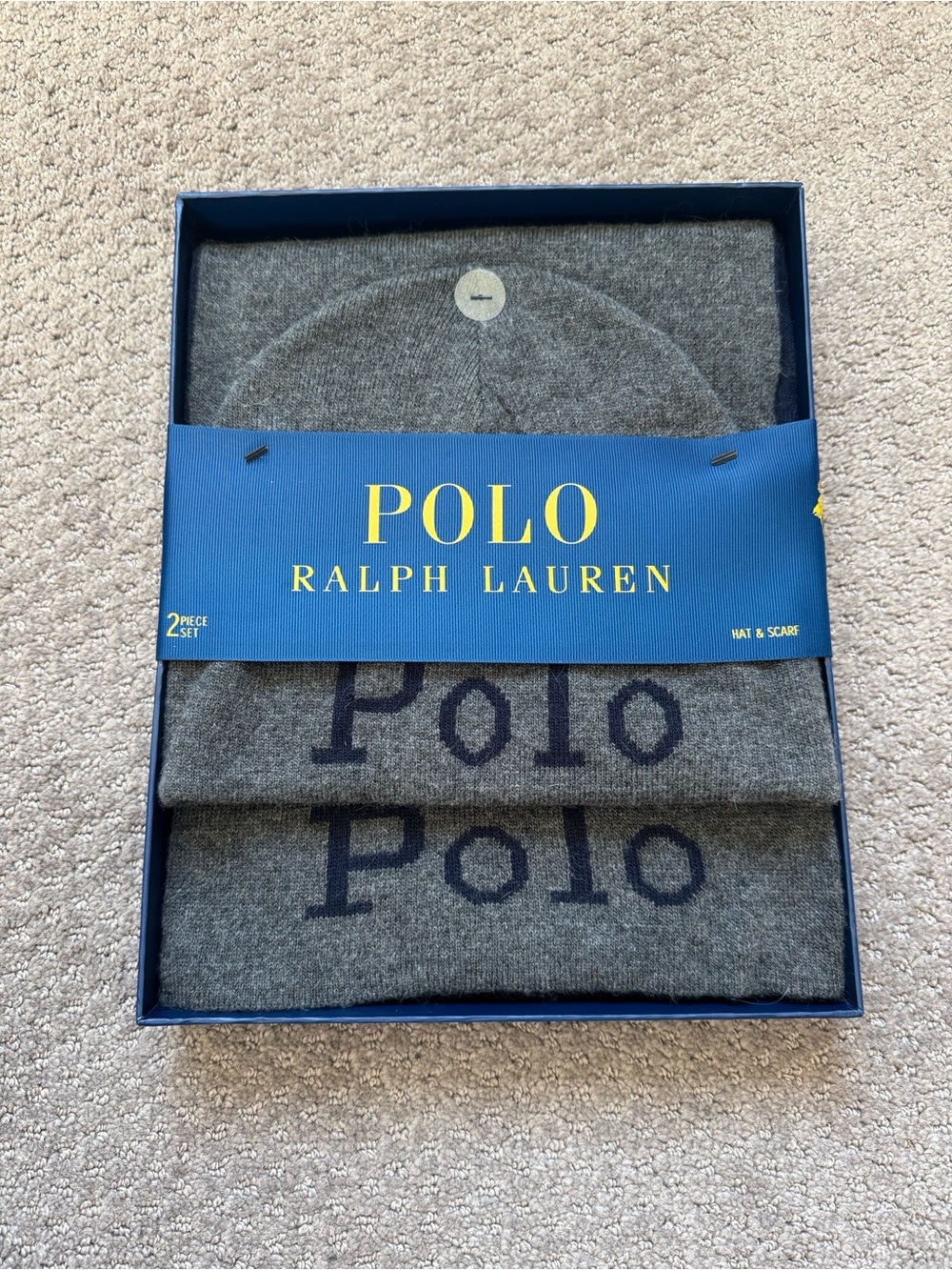 Polo by Ralph Lauren Gray Knit Hat and Logo Scarf Set